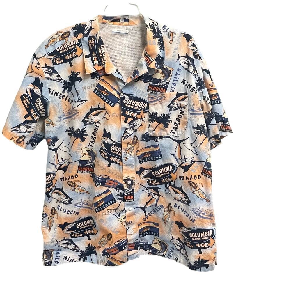 Columbia Mens Size XL Printed Fishing Button Down Shirt Ventilated Lightweight